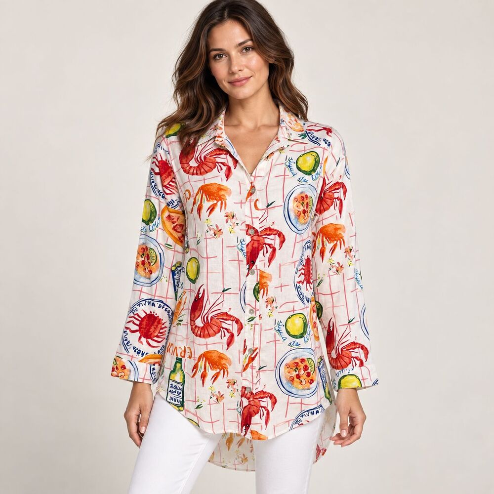 Calypso St Barth Shirt S Linen Blend Lobster Crab Seafood Print High Low